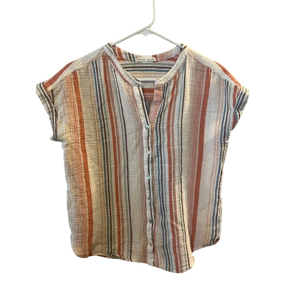 Becool Lightweight Striped Button-Down Top — Cream, Rust & Blue